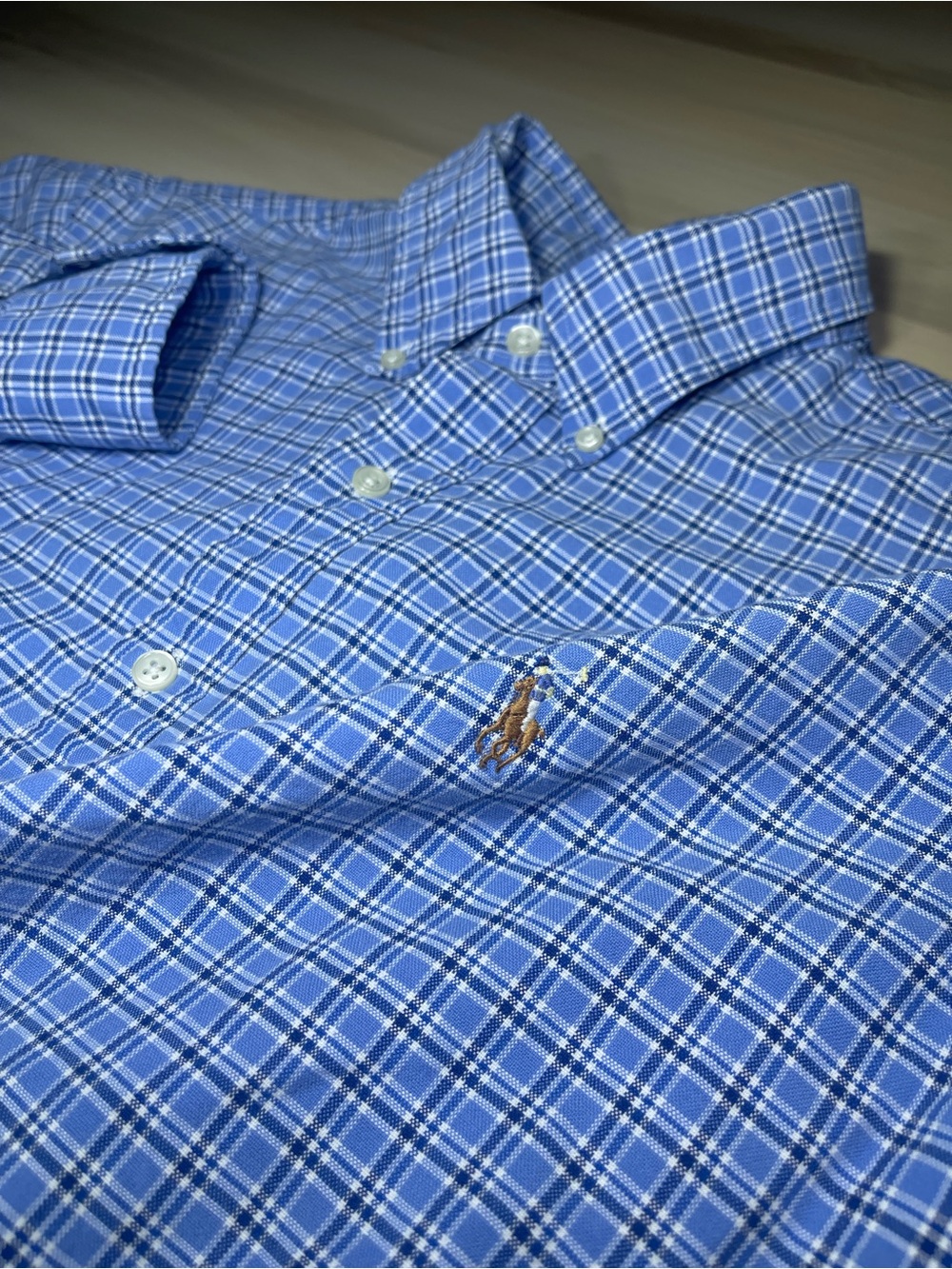 Polo Ralph Lauren Shirt Oxford Button Down Men’s Size Large L Blue Plaid Flesh